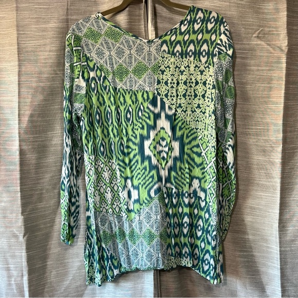 Nomadic Traders‎ Tunic Top Green Blue White Print Long Sleeve Size M - Picture 2 of 4